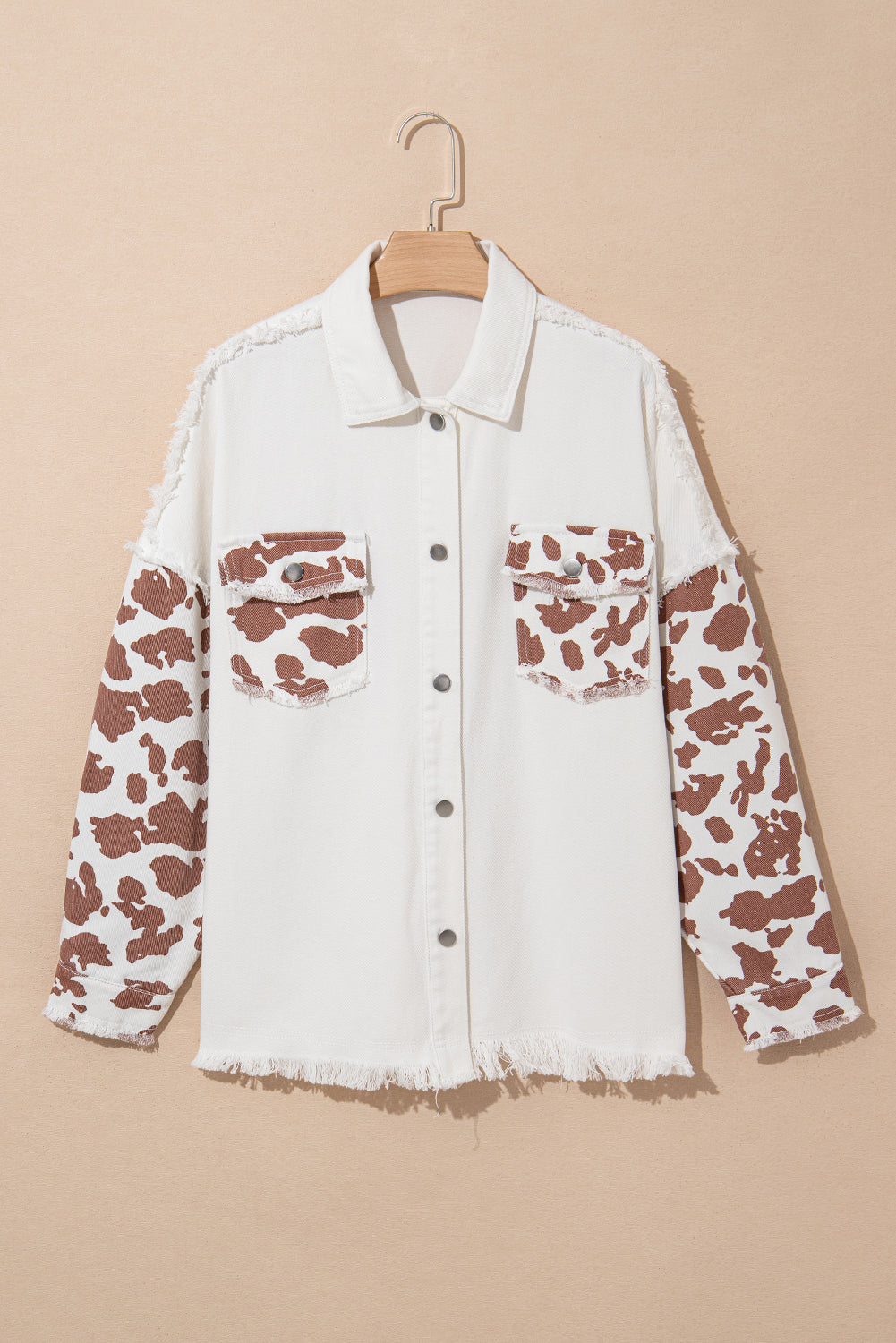 White with Brown Cow Print Patchwork Flap Pocket Distressed Denim Jacket