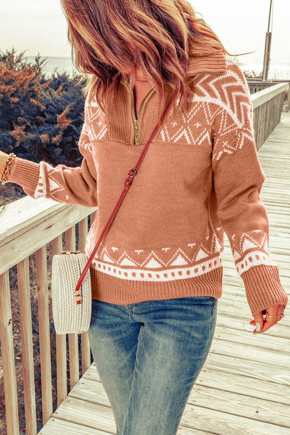 Pink Aztec Knit Quarter Zip Sweater