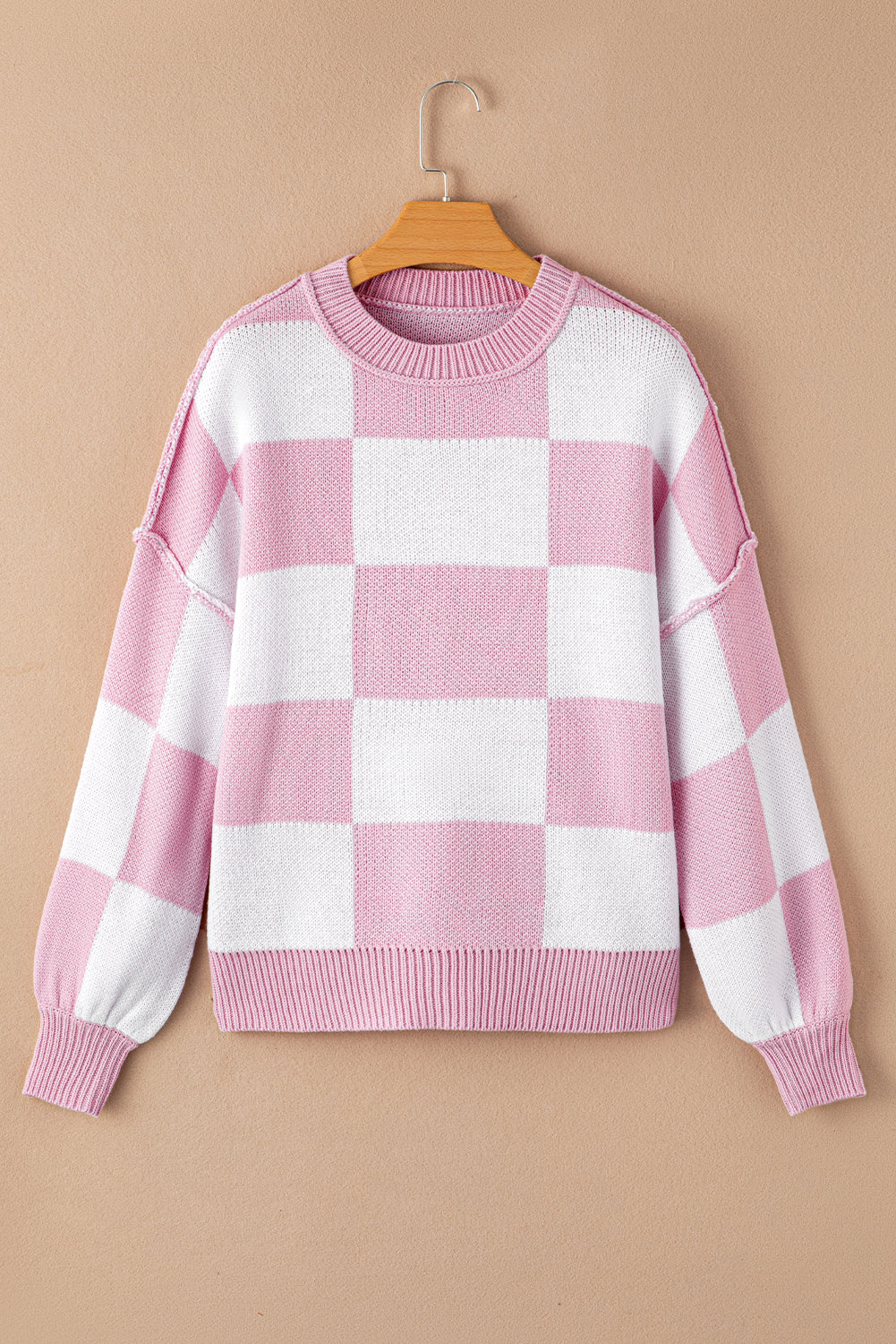 Light Pink Checkered Long Sleeve Sweater