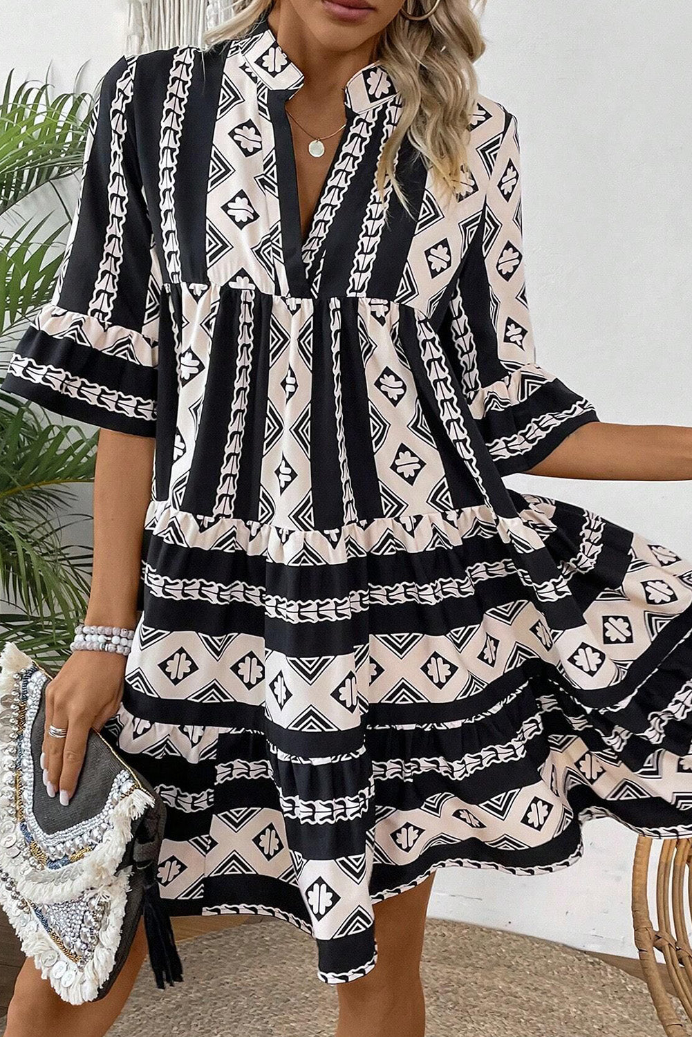 Black Aztec  Print V Neck Dress