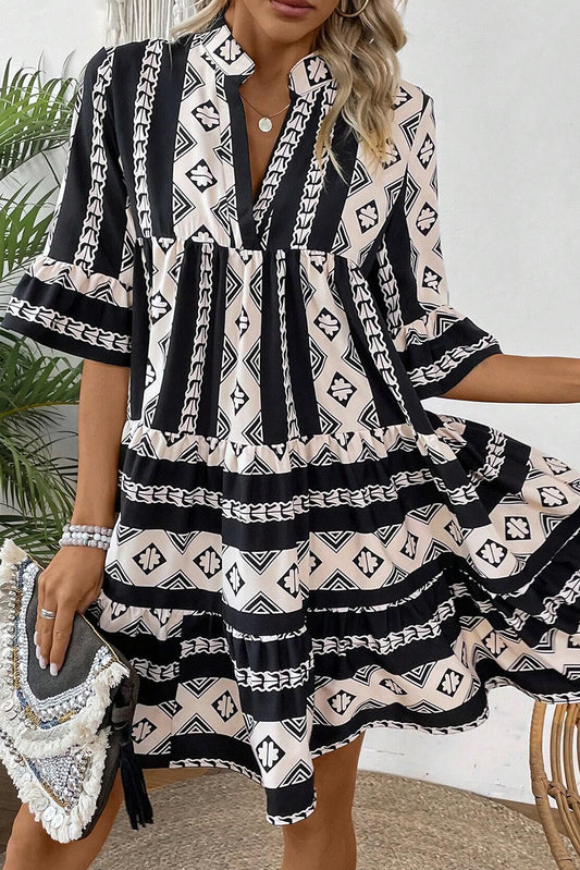Black Aztec  Print V Neck Dress