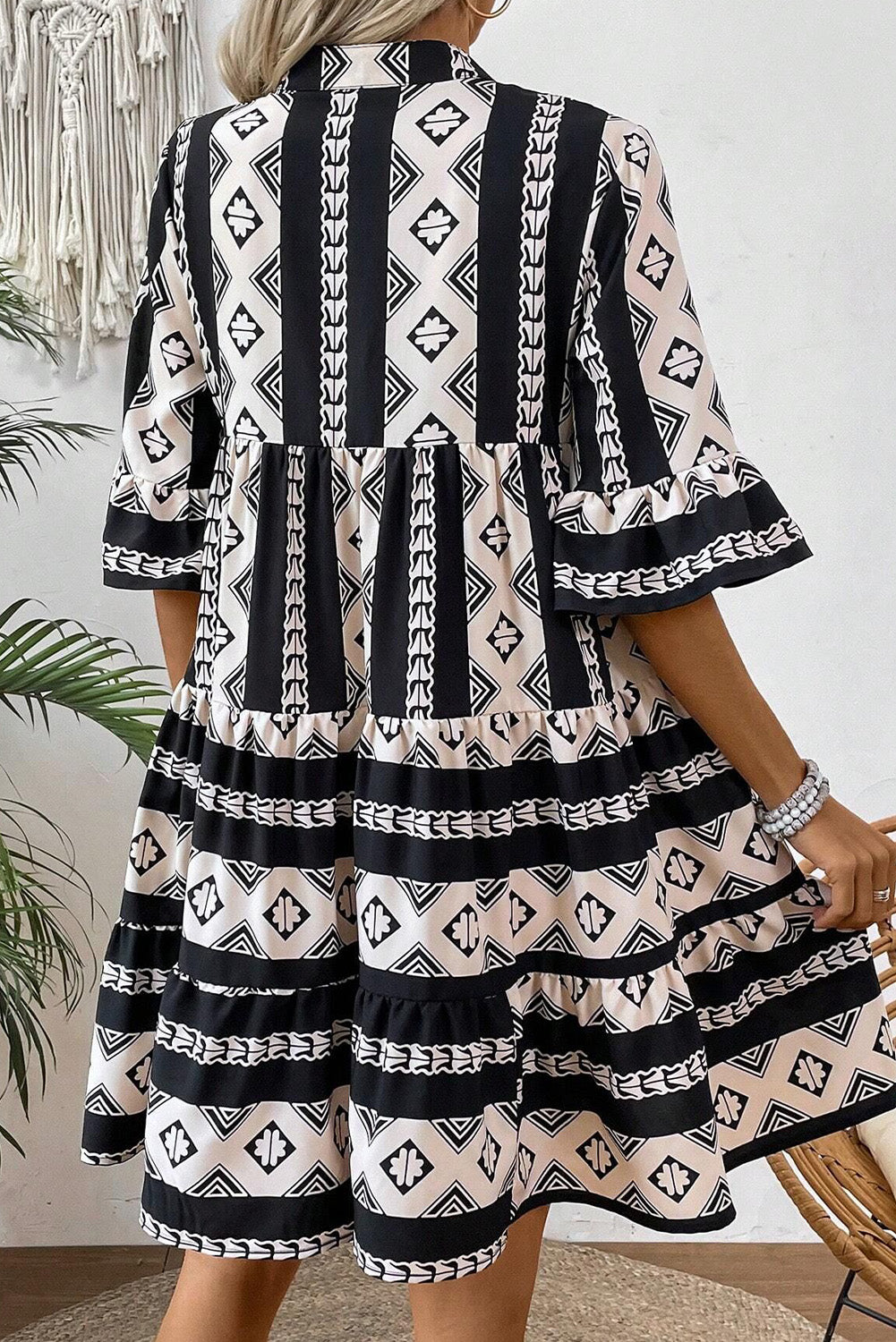 Black Aztec  Print V Neck Dress