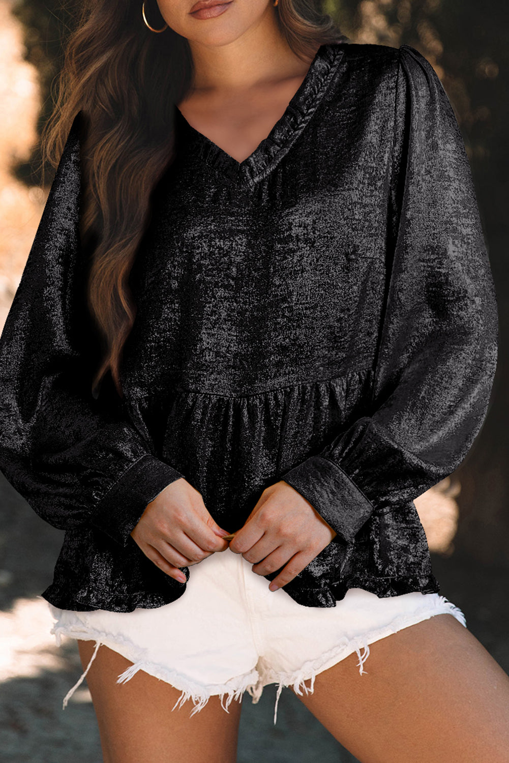 Black Metallic V Neck Blouse