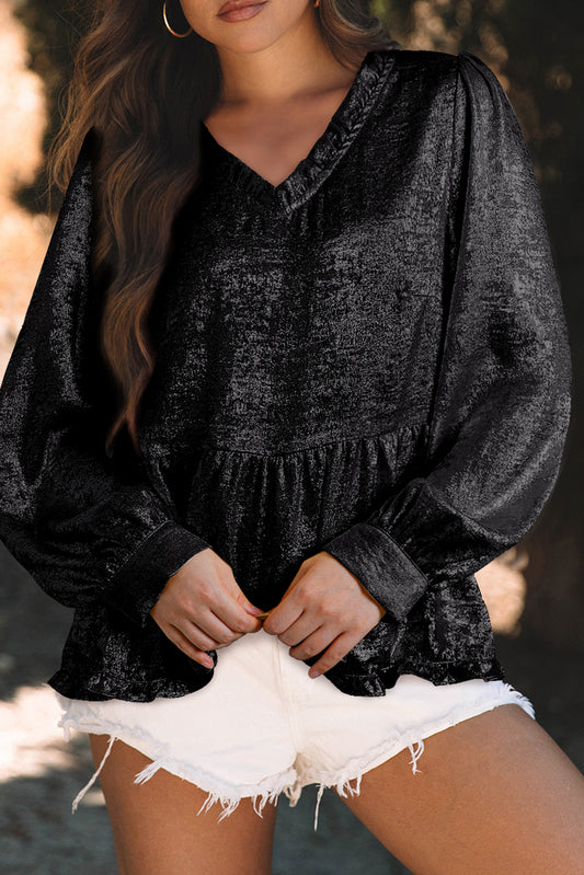 Black Metallic V Neck Blouse