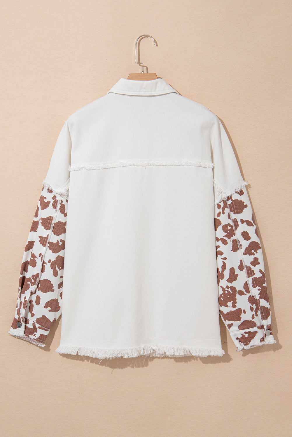 White with Brown Cow Print Patchwork Flap Pocket Distressed Denim Jacket