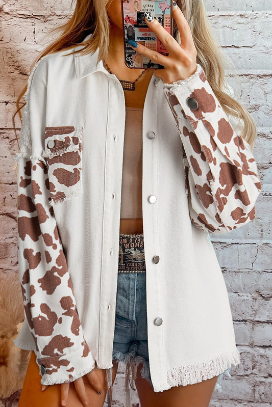 White with Brown Cow Print Patchwork Flap Pocket Distressed Denim Jacket
