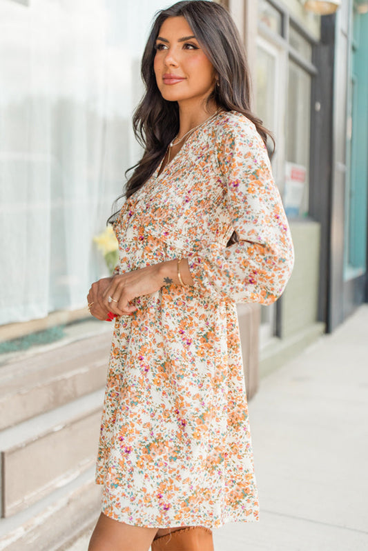 White Floral V Neck Ruffled Dress