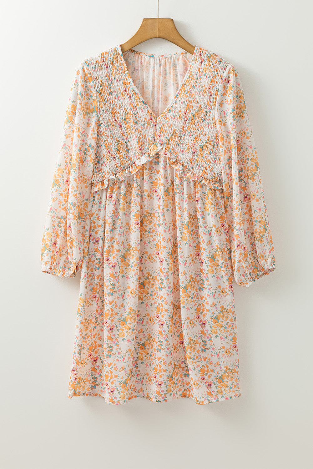 White Floral V Neck Ruffled Dress