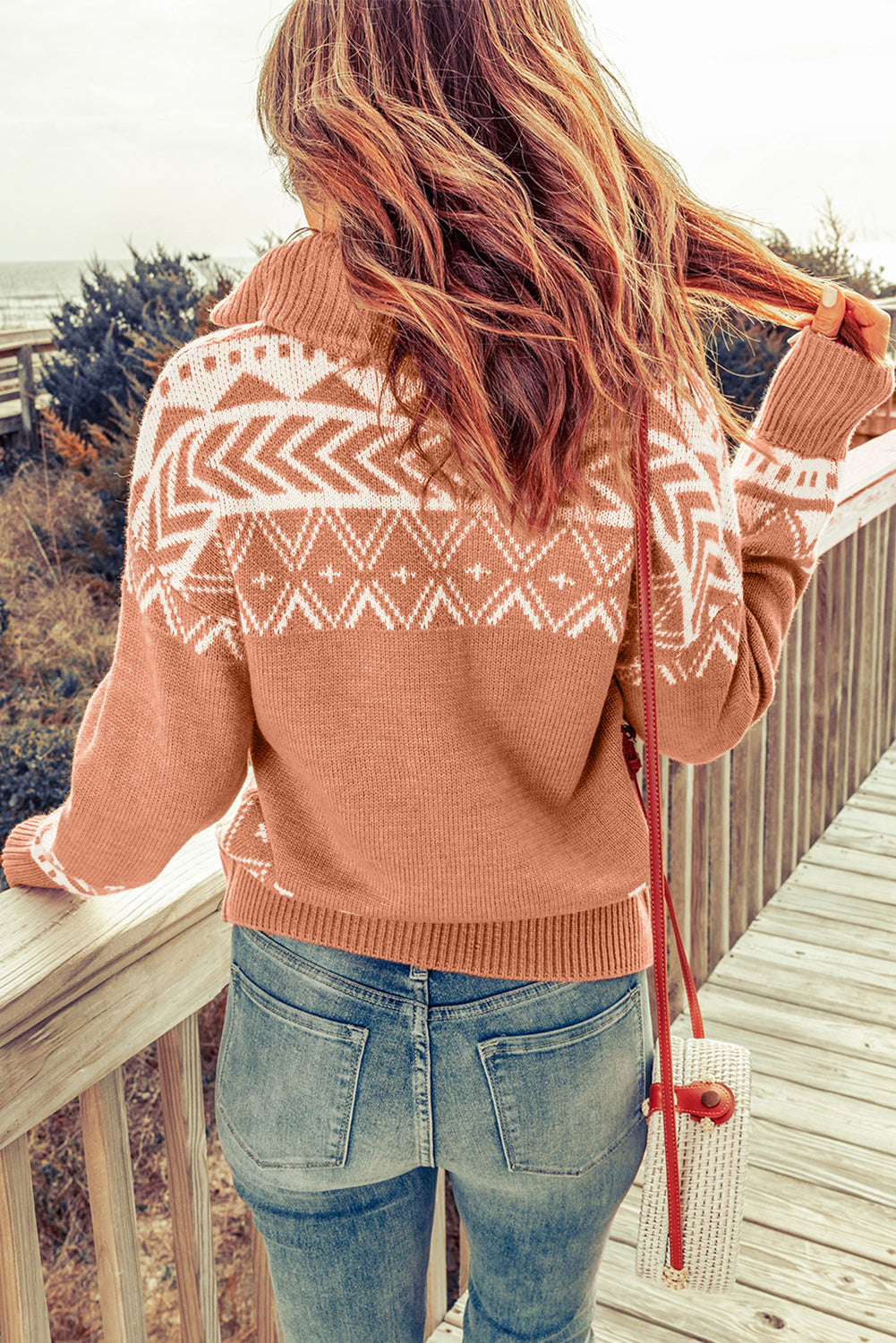 Pink Aztec Knit Quarter Zip Sweater