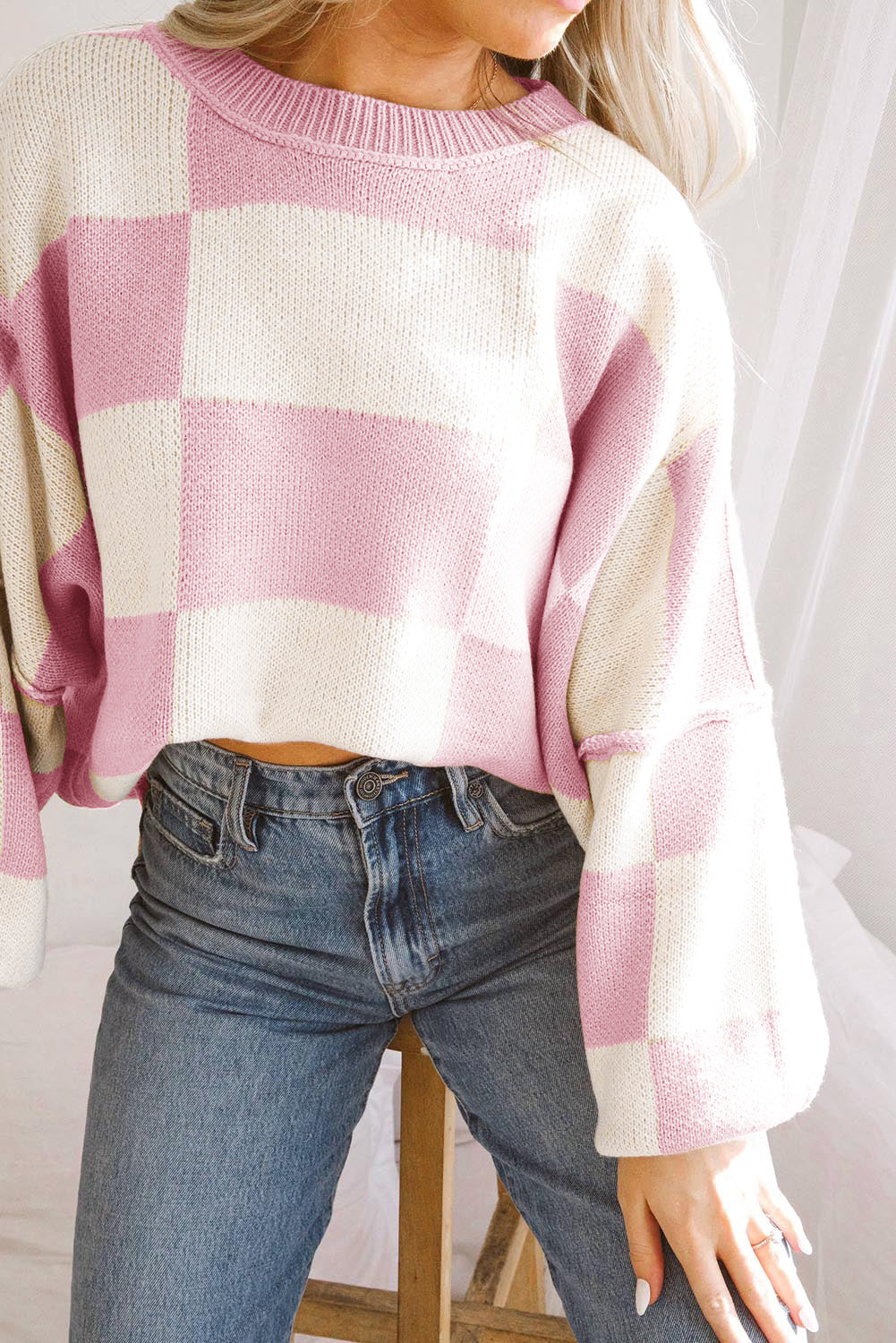 Light Pink Checkered Long Sleeve Sweater